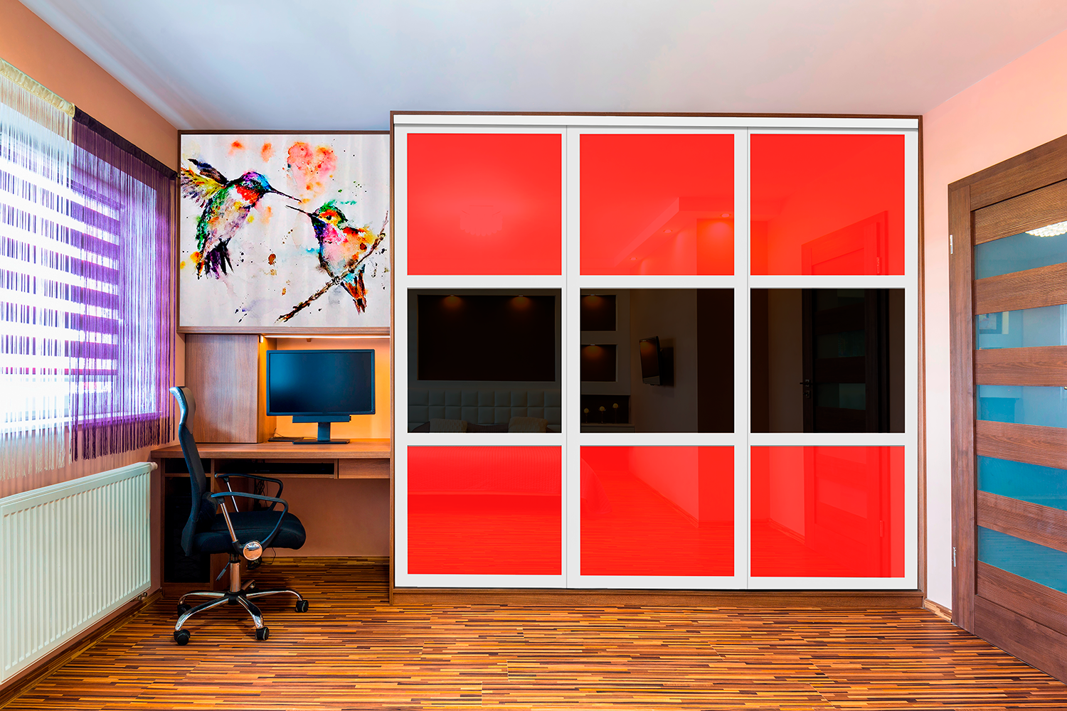 PUERTA DE CLÓSET DE 3 HOJAS - CRISTAL PINTADO ROJO Y NEGRO