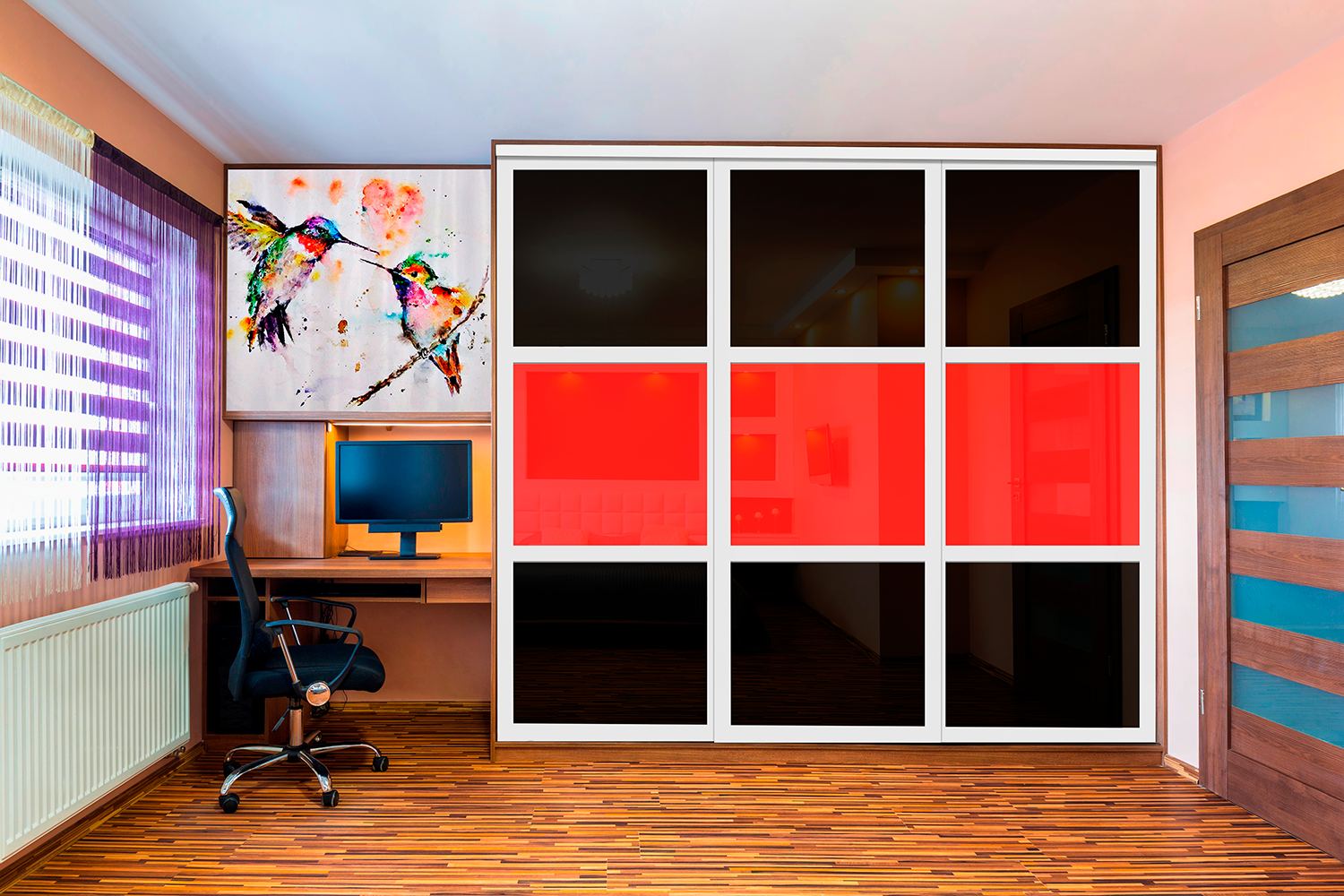 PUERTA DE CLÓSET DE 3 HOJAS - CRISTAL PINTADO ROJO Y NEGRO