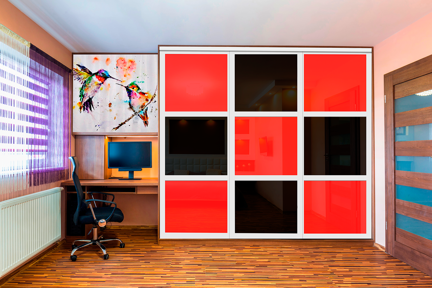 PUERTA DE CLÓSET DE 3 HOJAS - CRISTAL PINTADO ROJO Y NEGRO