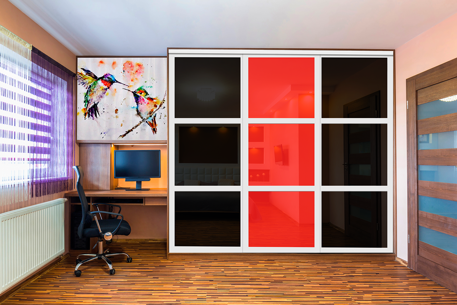 PUERTA DE CLÓSET DE 3 HOJAS - CRISTAL PINTADO ROJO Y NEGRO