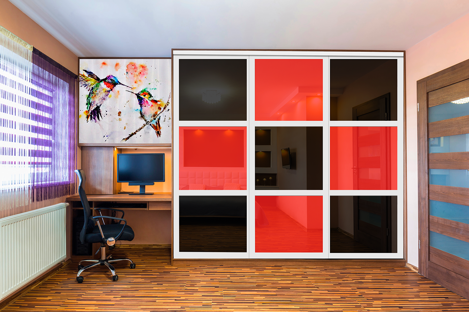 PUERTA DE CLÓSET DE 3 HOJAS - CRISTAL PINTADO ROJO Y NEGRO