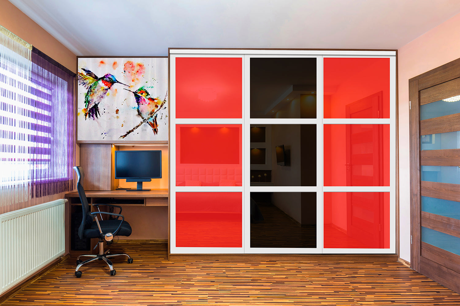 PUERTA DE CLÓSET DE 3 HOJAS - CRISTAL PINTADO ROJO Y NEGRO