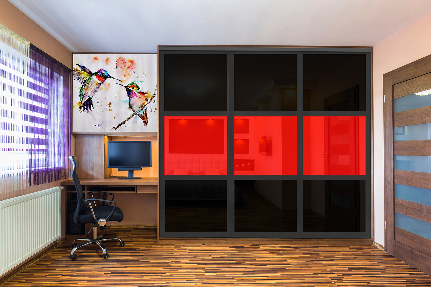 PUERTA DE CLÓSET DE 3 HOJAS - CRISTAL PINTADO ROJO Y NEGRO