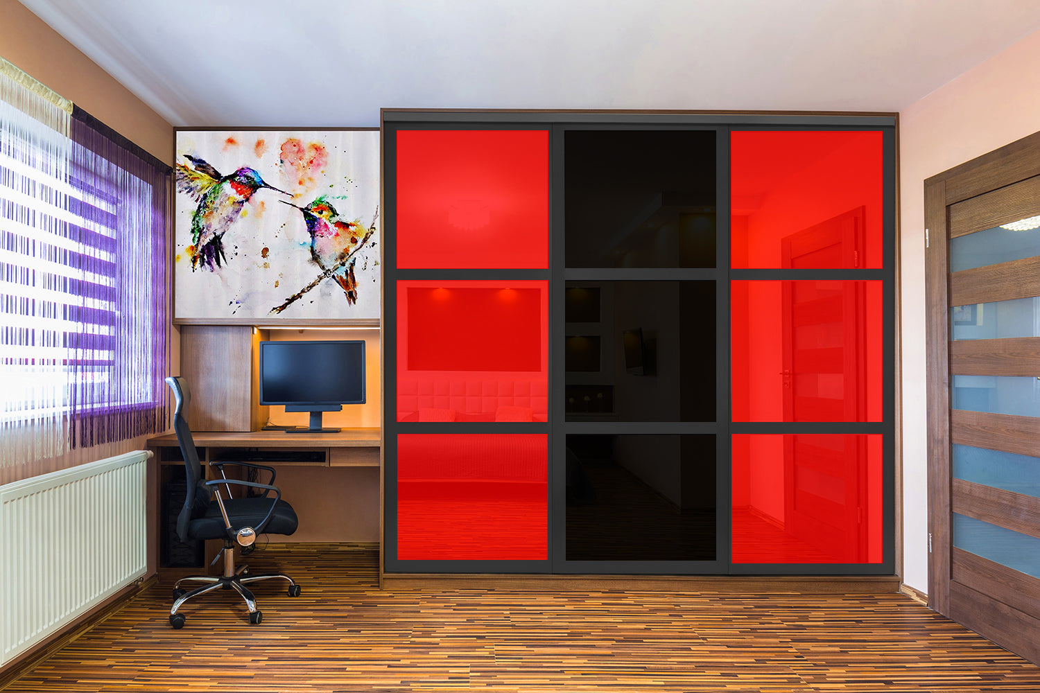 PUERTA DE CLÓSET DE 3 HOJAS - CRISTAL PINTADO ROJO Y NEGRO