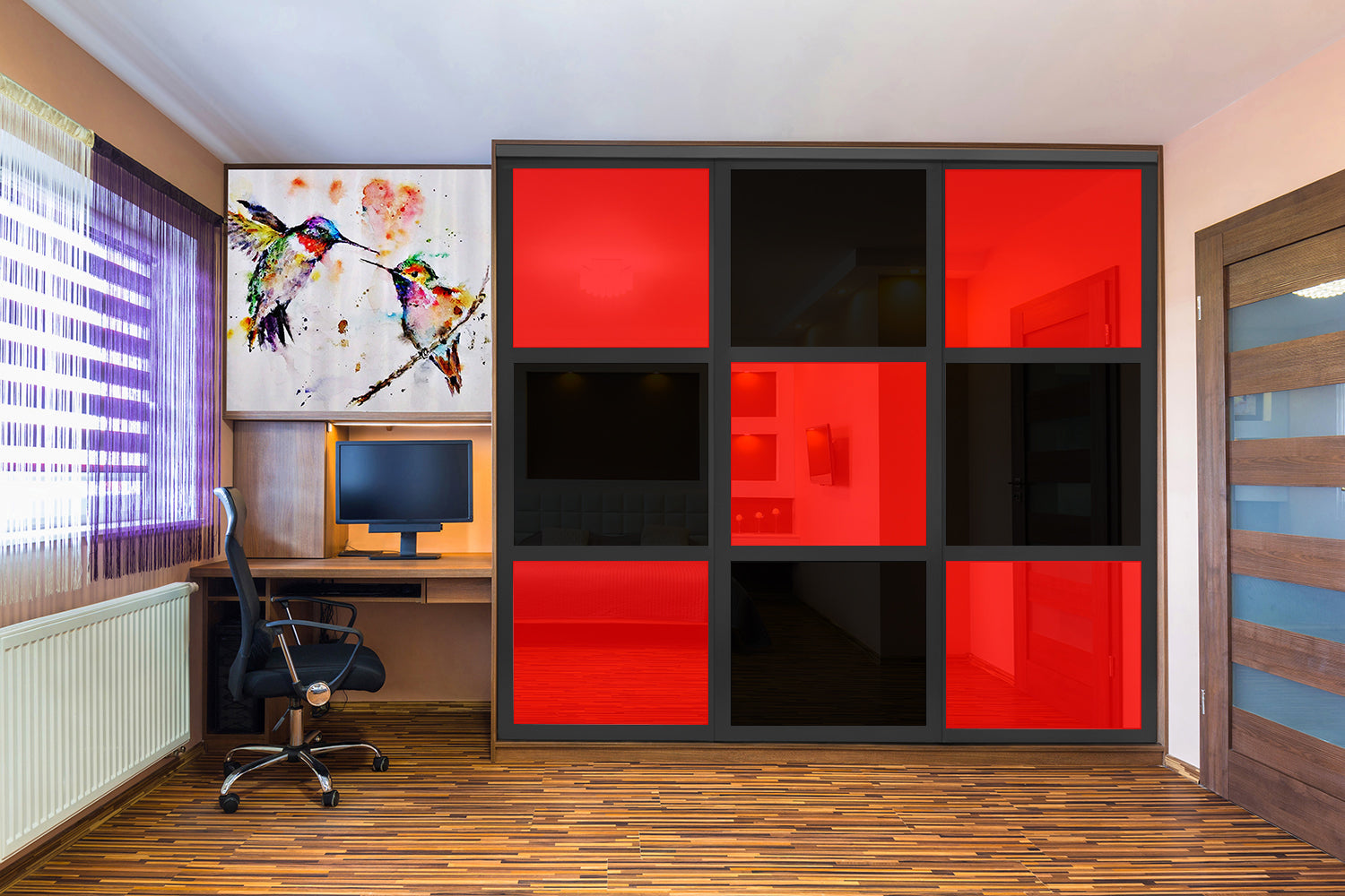 PUERTA DE CLÓSET DE 3 HOJAS - CRISTAL PINTADO ROJO Y NEGRO