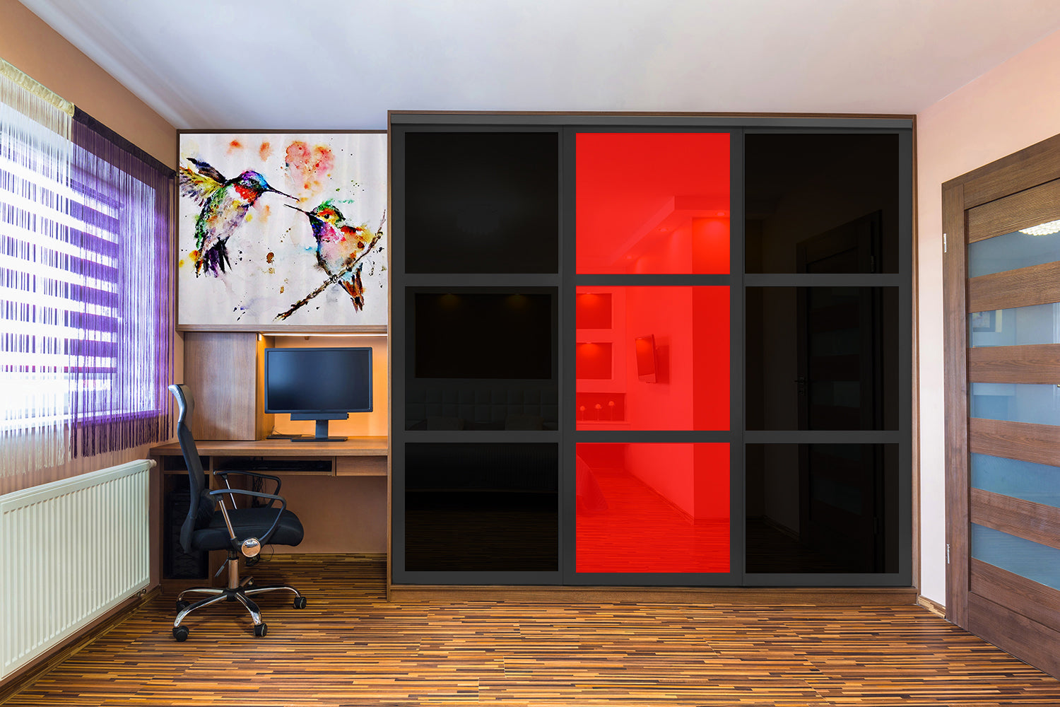 PUERTA DE CLÓSET DE 3 HOJAS - CRISTAL PINTADO ROJO Y NEGRO