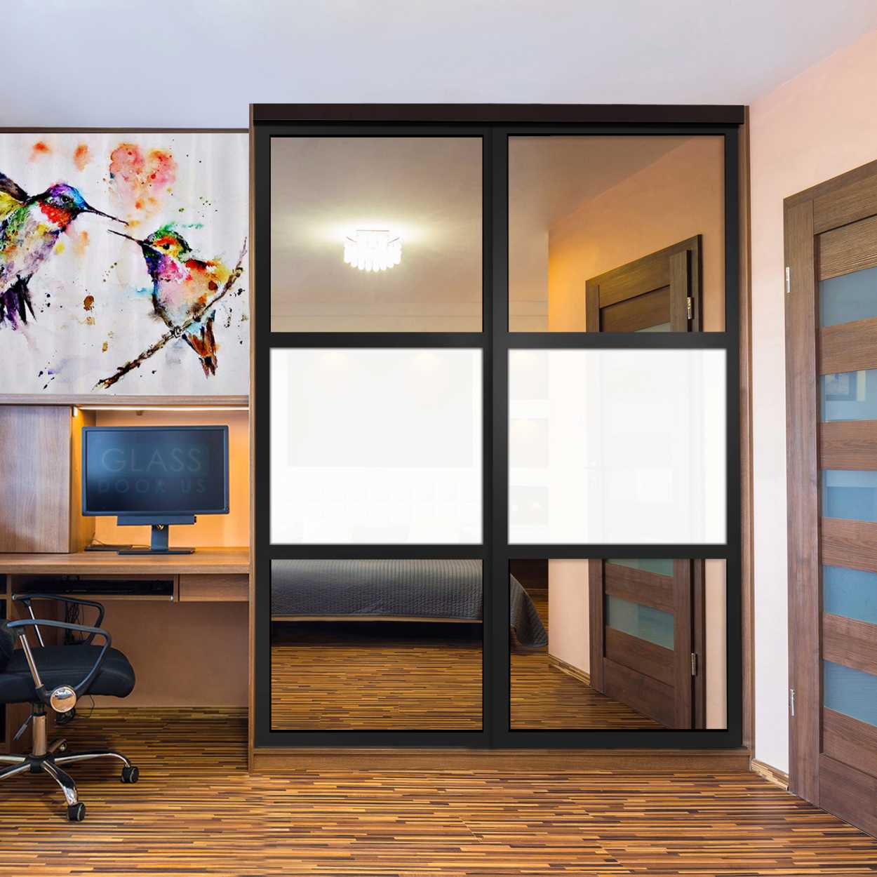 Puerta De Armario Con Vidrio Pintado Blanco Y Espejo Insertado 2 Paneles BMSC-1179