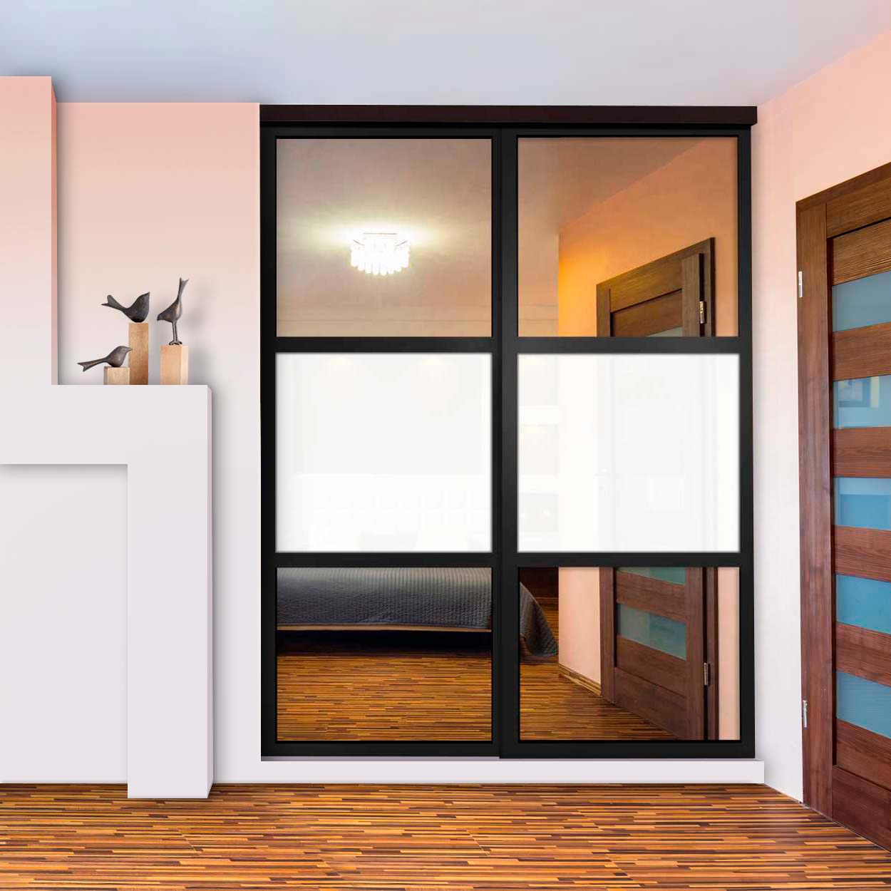 Puerta De Clóset Con 2 Paneles - Blanco y Vidrio Pintado Espejo BMSC-1181