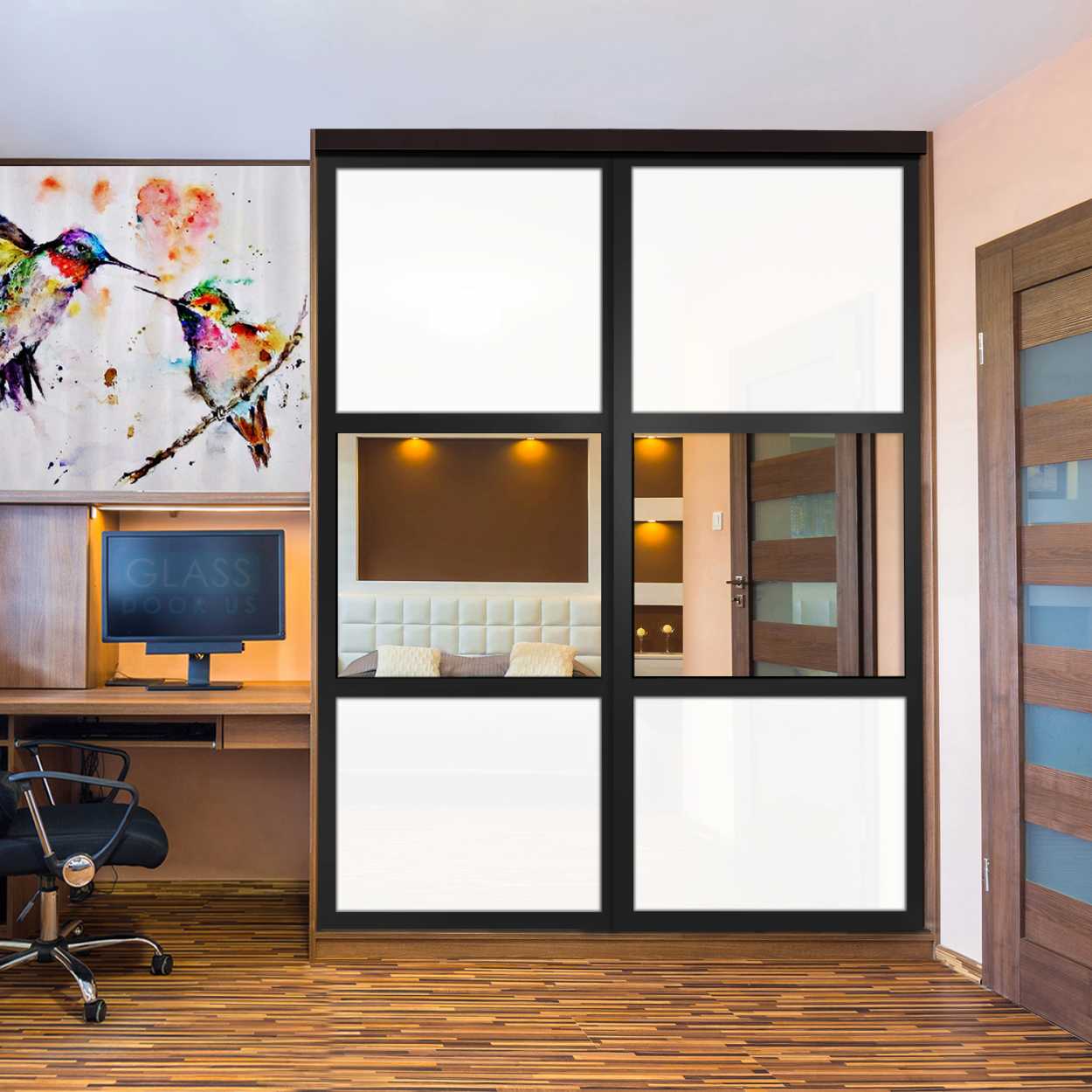 Puerta De Armario Con Vidrio Pintado Blanco Y Espejo Insertado 2 Paneles BMSC-1179