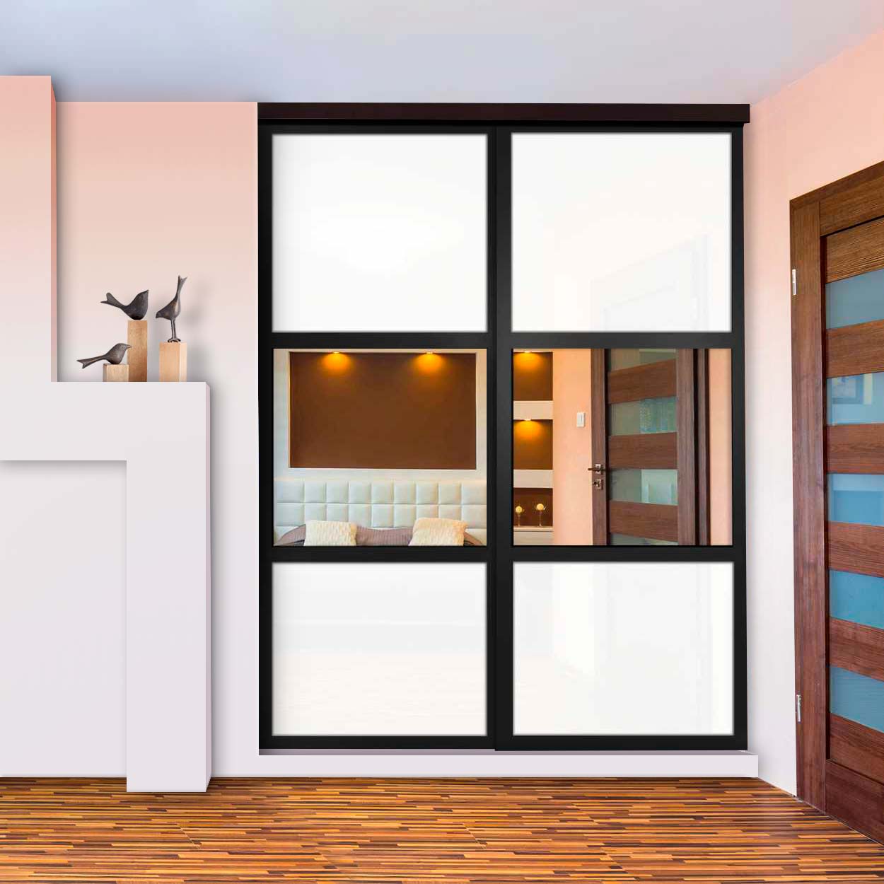 Puerta De Clóset Con 2 Paneles - Blanco y Vidrio Pintado Espejo BMSC-1181