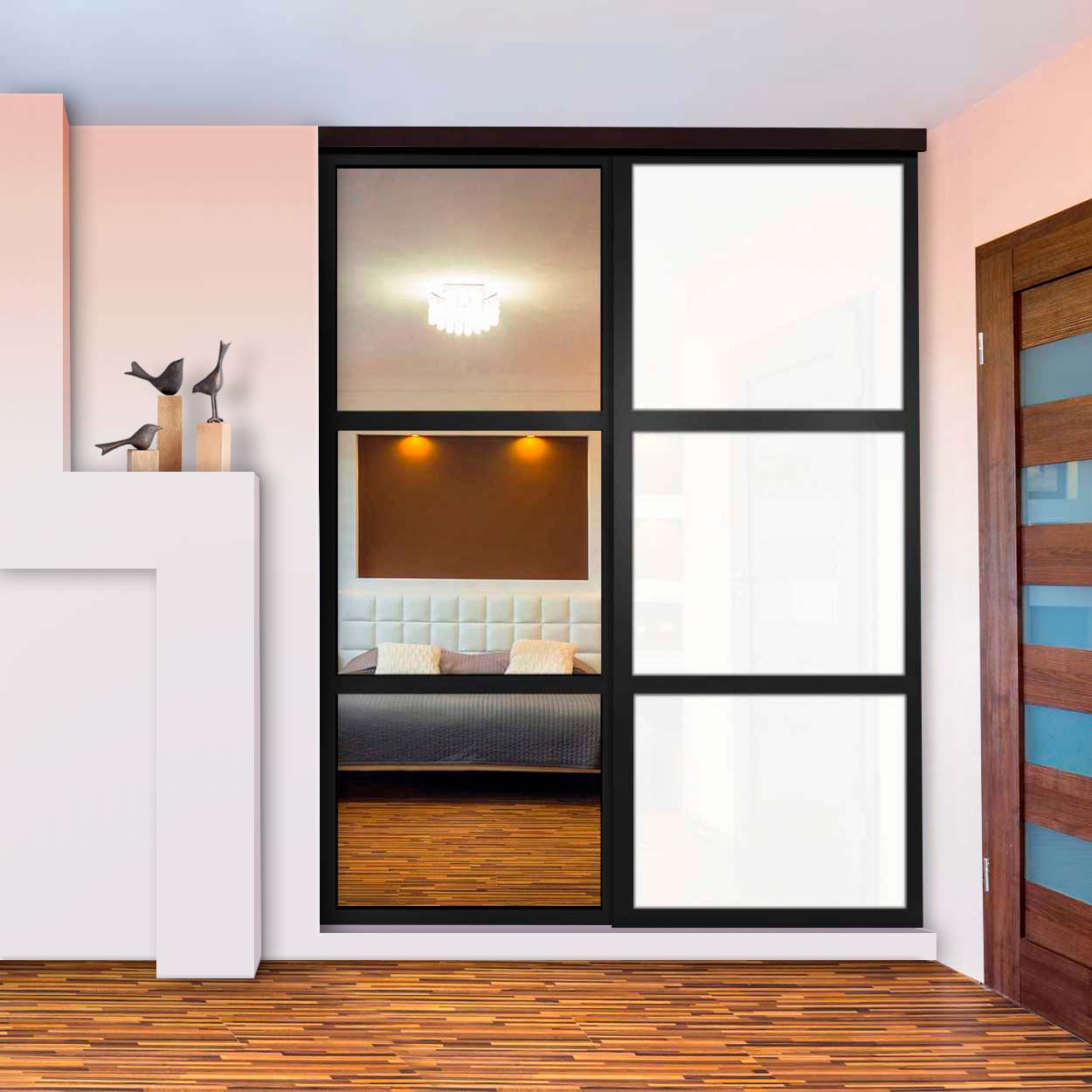 Puerta De Clóset Con 2 Paneles - Blanco y Vidrio Pintado Espejo BMSC-1181