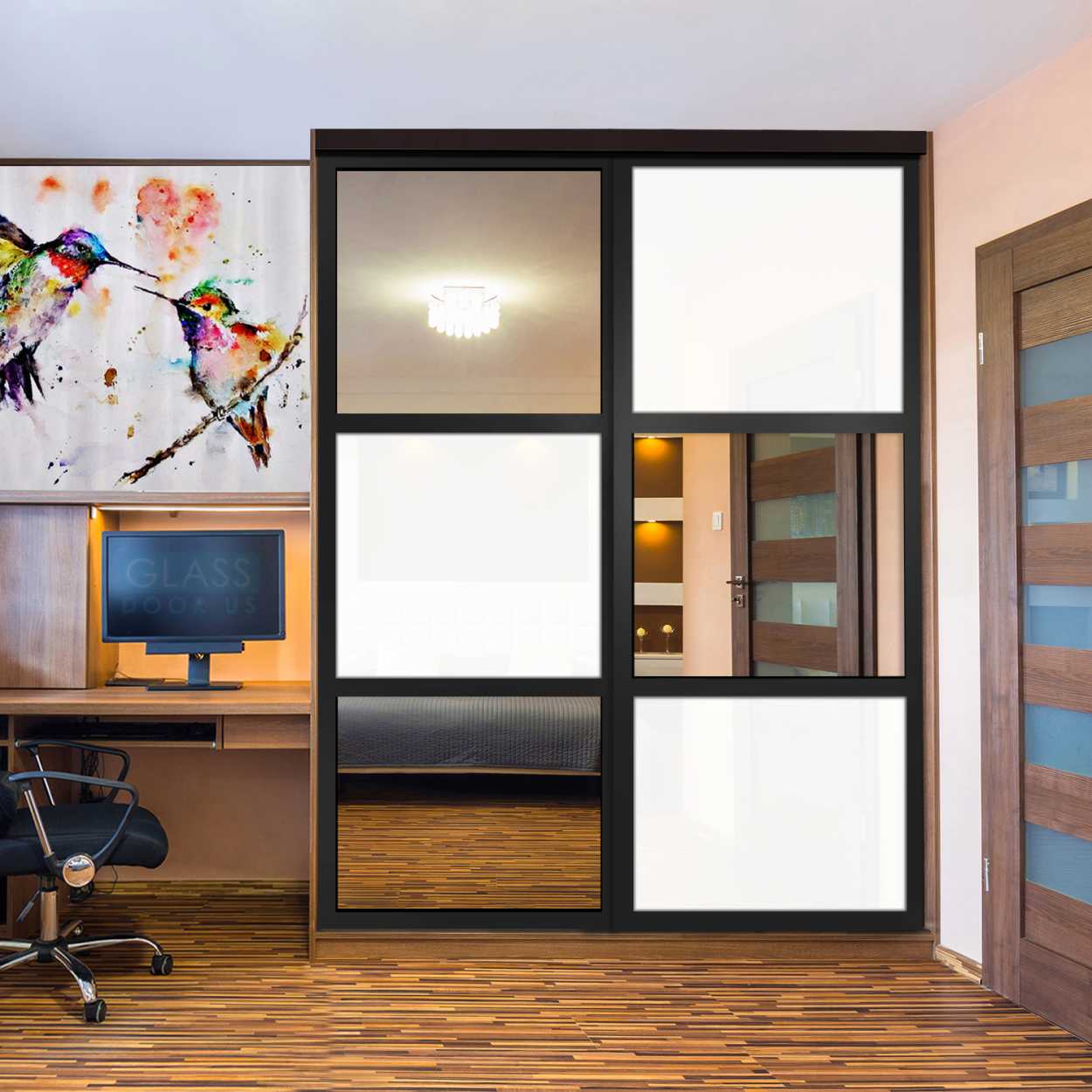 Puerta De Armario Con Vidrio Pintado Blanco Y Espejo Insertado 2 Paneles BMSC-1179