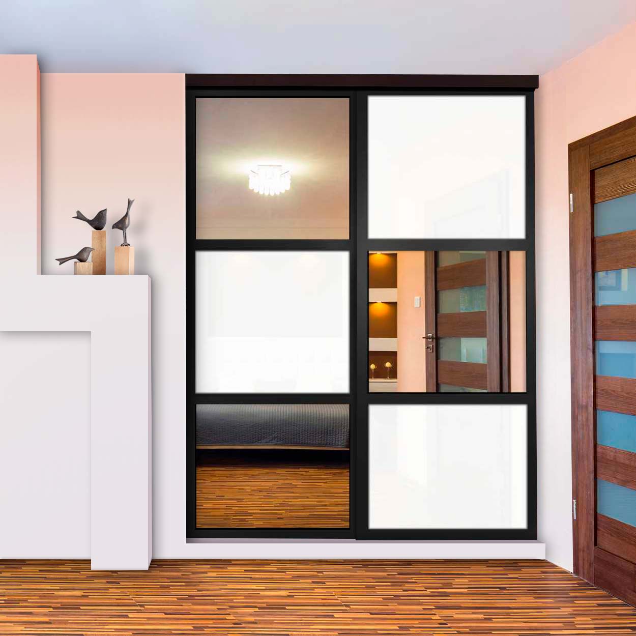 Puerta De Clóset Con 2 Paneles - Blanco y Vidrio Pintado Espejo BMSC-1181