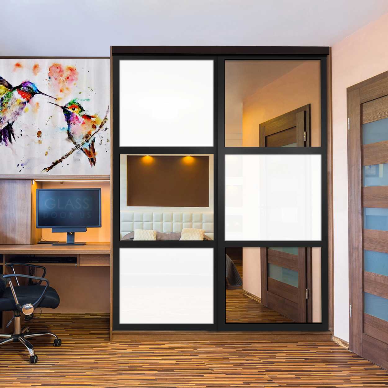 Puerta De Armario Con Vidrio Pintado Blanco Y Espejo Insertado 2 Paneles BMSC-1179