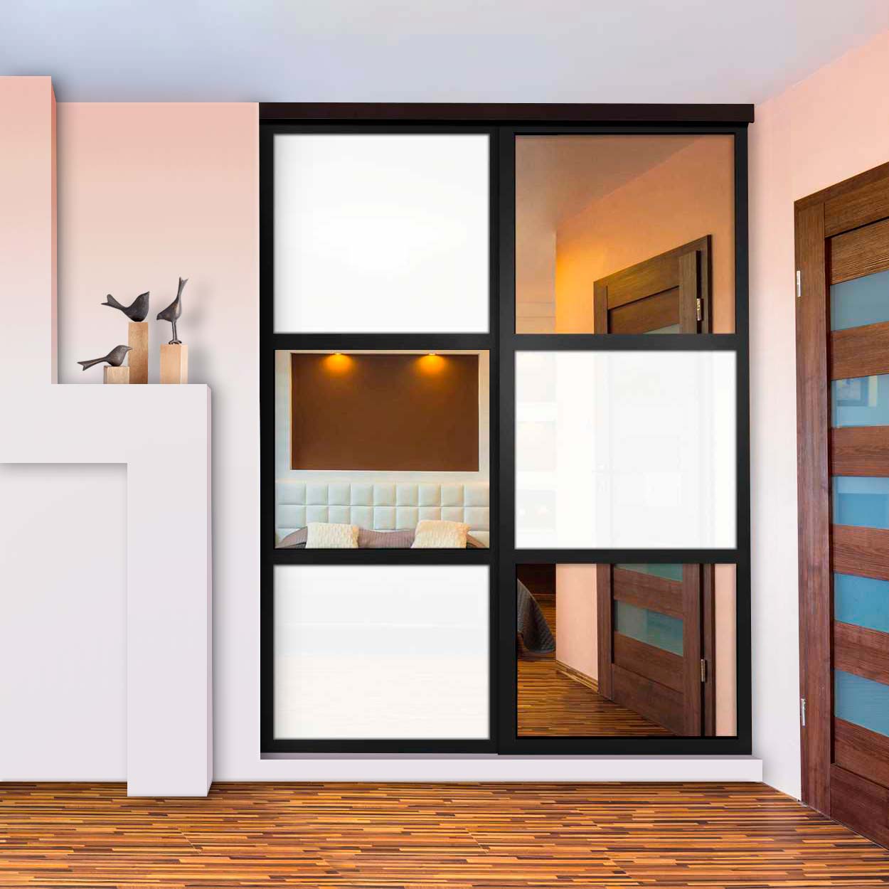 Puerta De Clóset Con 2 Paneles - Blanco y Vidrio Pintado Espejo BMSC-1181