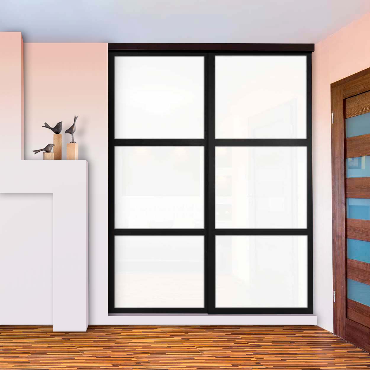 Puerta De Clóset Con 2 Paneles - Blanco y Vidrio Pintado Espejo BMSC-1181