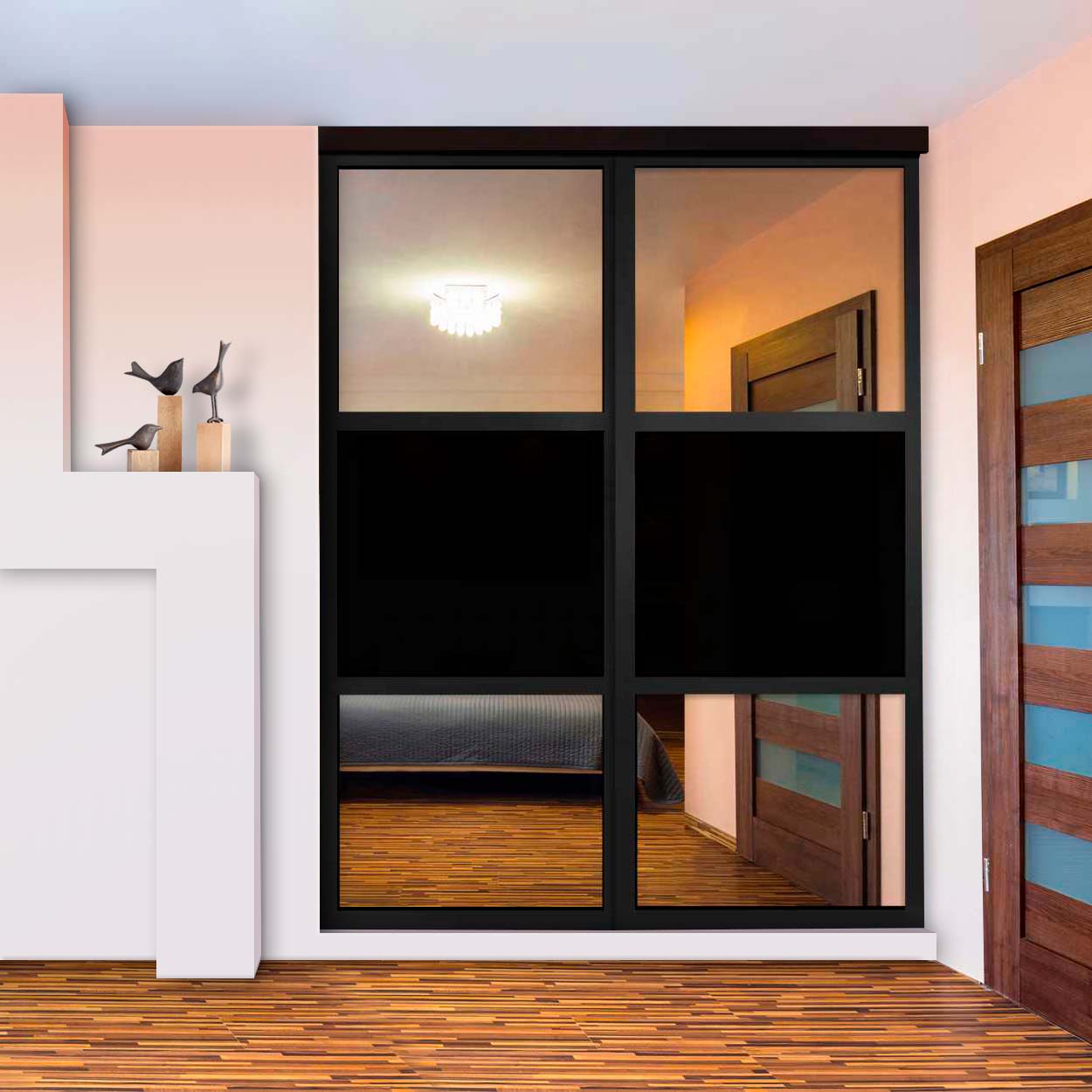 Puerta De Closet  Con 2 Paneles - Vidrio Pintado Negro Y Espejo BMSC-2137