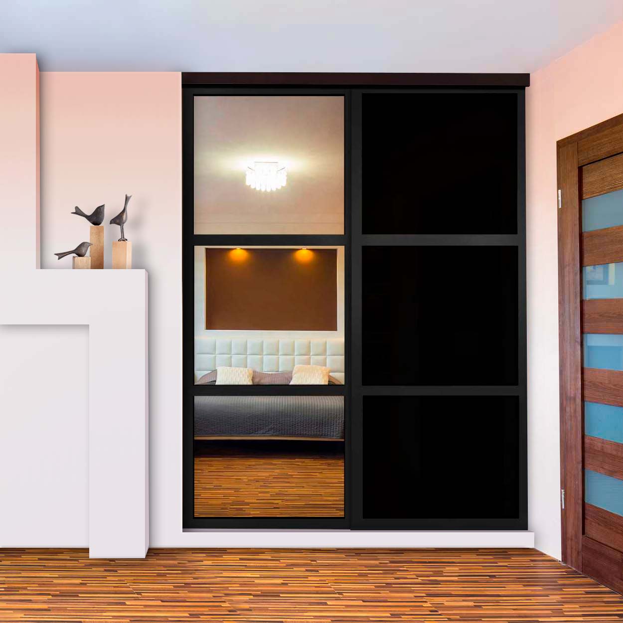 Puerta De Closet  Con 2 Paneles - Vidrio Pintado Negro Y Espejo BMSC-2137