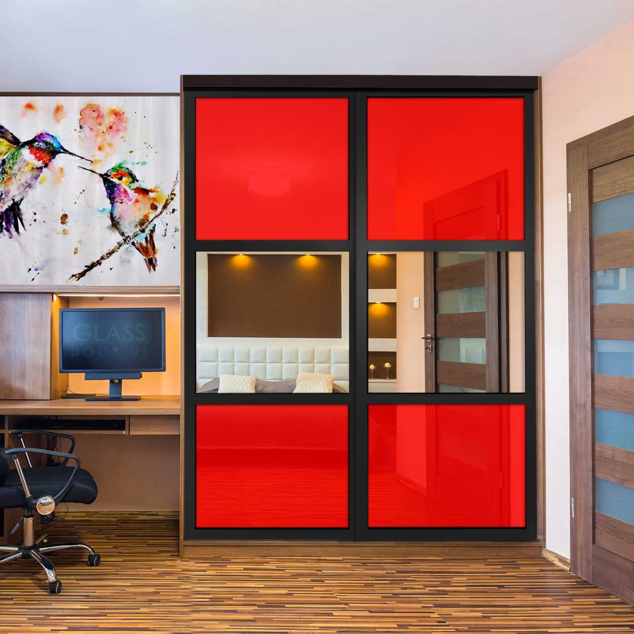 Puerta De Armario Con Vidrio Pintado Rojo Y Espejo Insertado 2 Paneles BMSC -1178