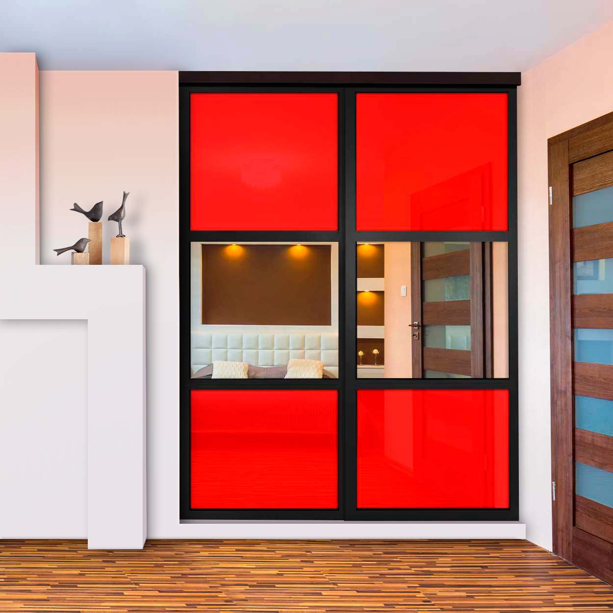 Puerta De Clóset De 2 Hojas - Vidrio Pintado Rojo y Espejo BMSC-1363