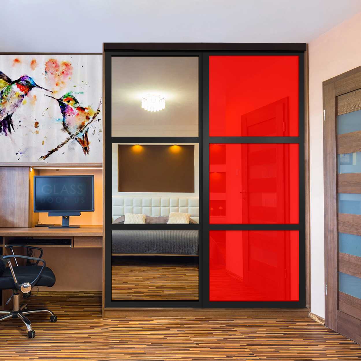 Puerta De Armario Con Vidrio Pintado Rojo Y Espejo Insertado 2 Paneles BMSC -1178