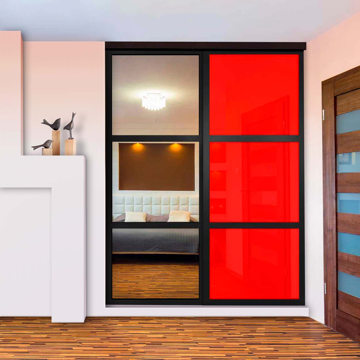 Puerta De Clóset De 2 Hojas - Vidrio Pintado Rojo y Espejo BMSC-1363