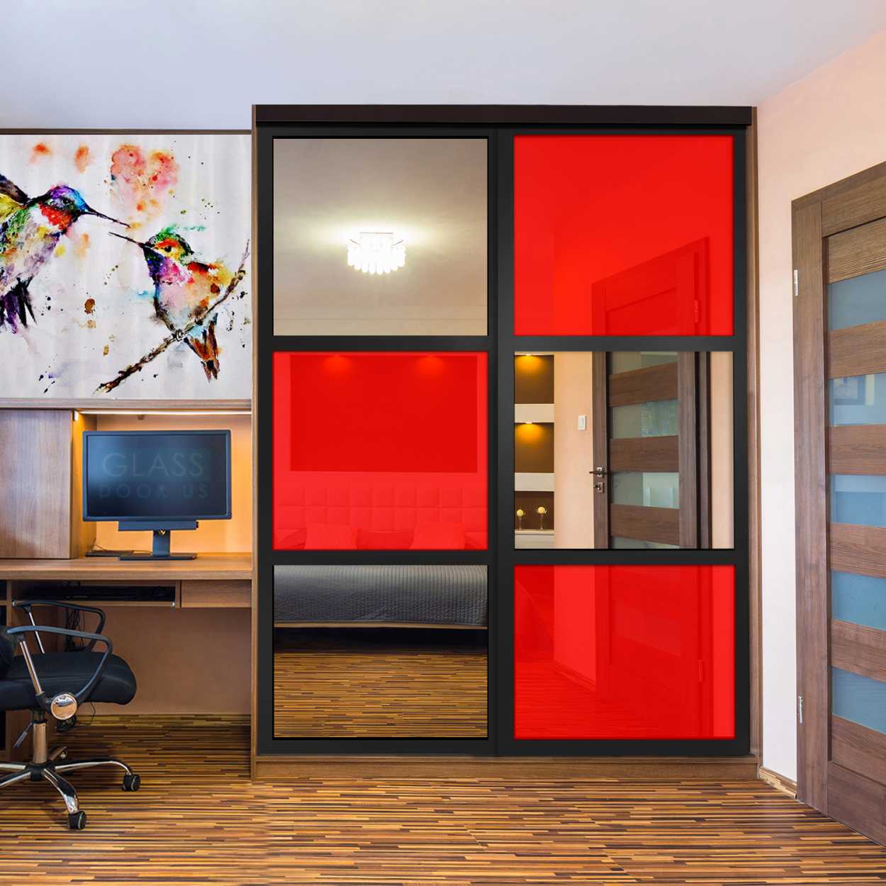 Puerta De Armario Con Vidrio Pintado Rojo Y Espejo Insertado 2 Paneles BMSC -1178