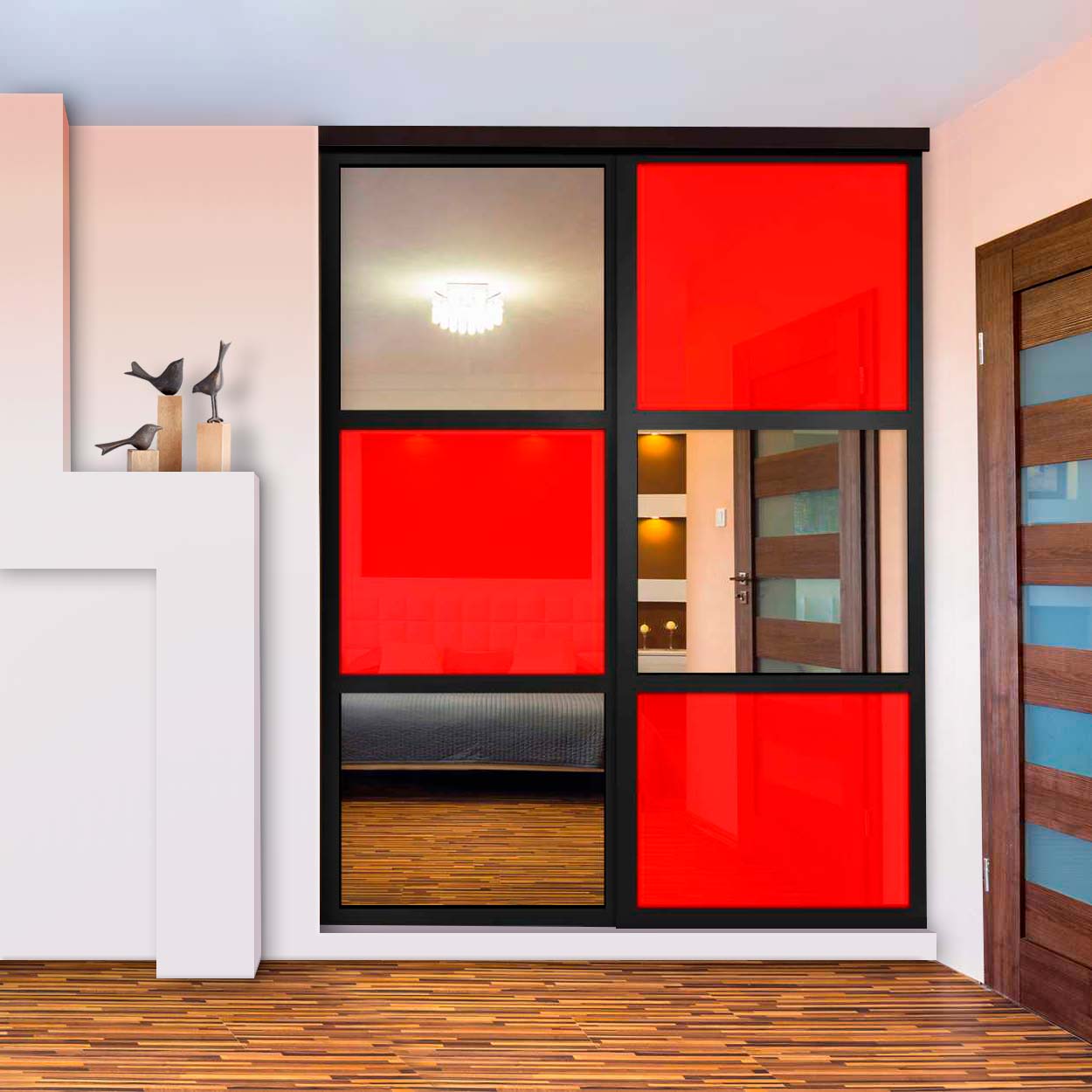 Puerta De Clóset De 2 Hojas - Vidrio Pintado Rojo y Espejo BMSC-1363