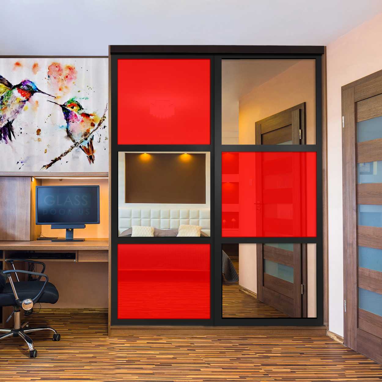 Puerta De Armario Con Vidrio Pintado Rojo Y Espejo Insertado 2 Paneles BMSC -1178