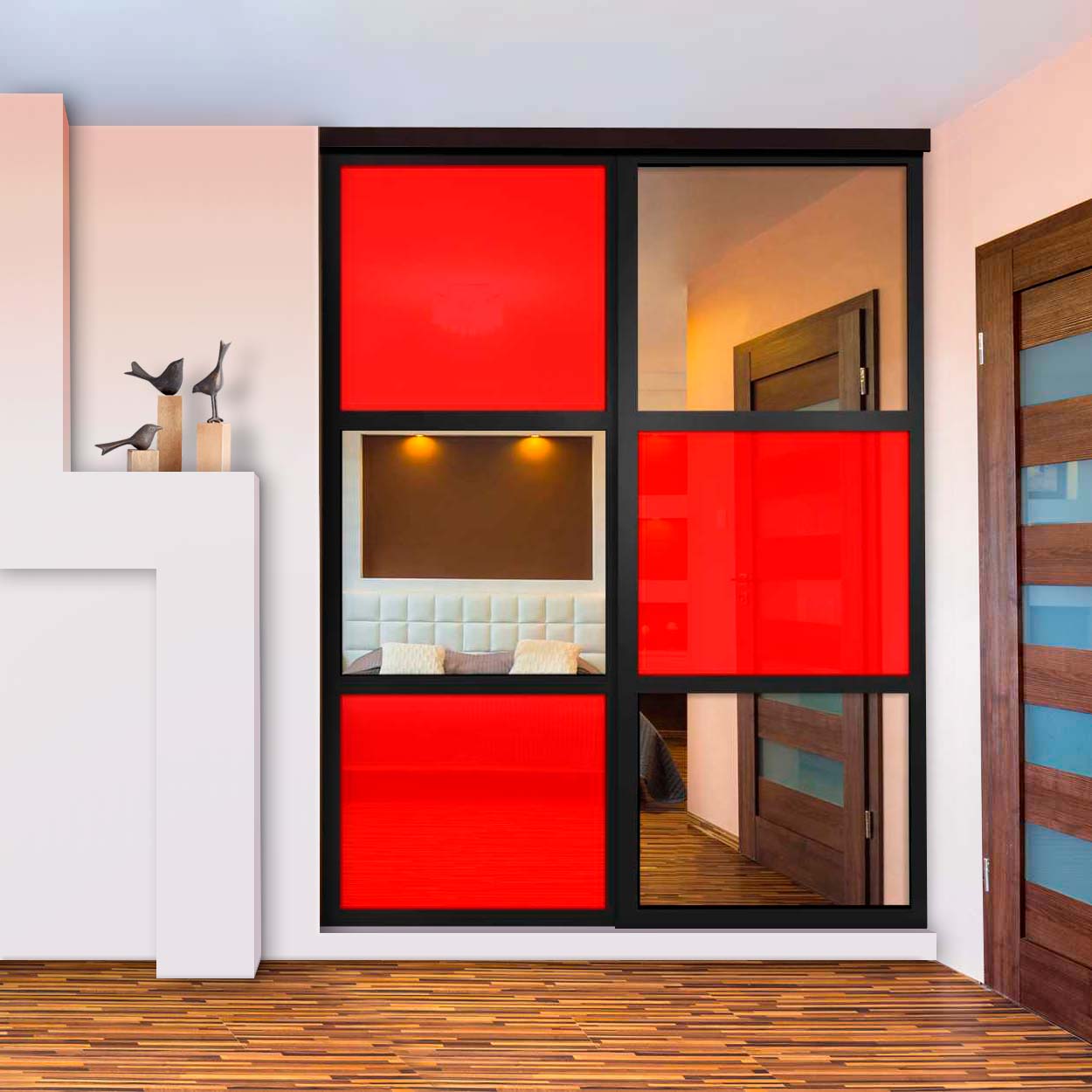 Puerta De Clóset De 2 Hojas - Vidrio Pintado Rojo y Espejo BMSC-1363