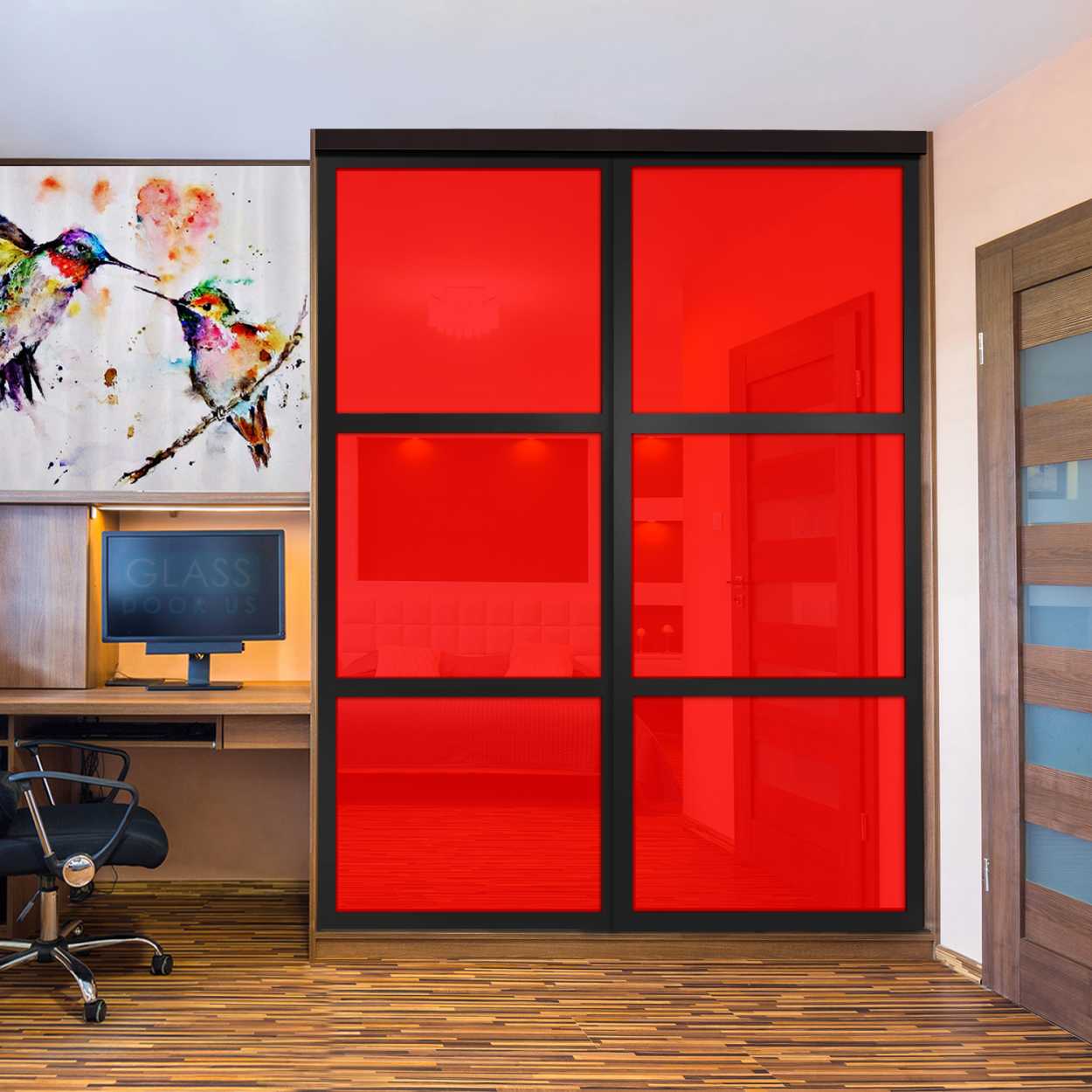 Puerta De Armario Con Vidrio Pintado Rojo Y Espejo Insertado 2 Paneles BMSC -1178