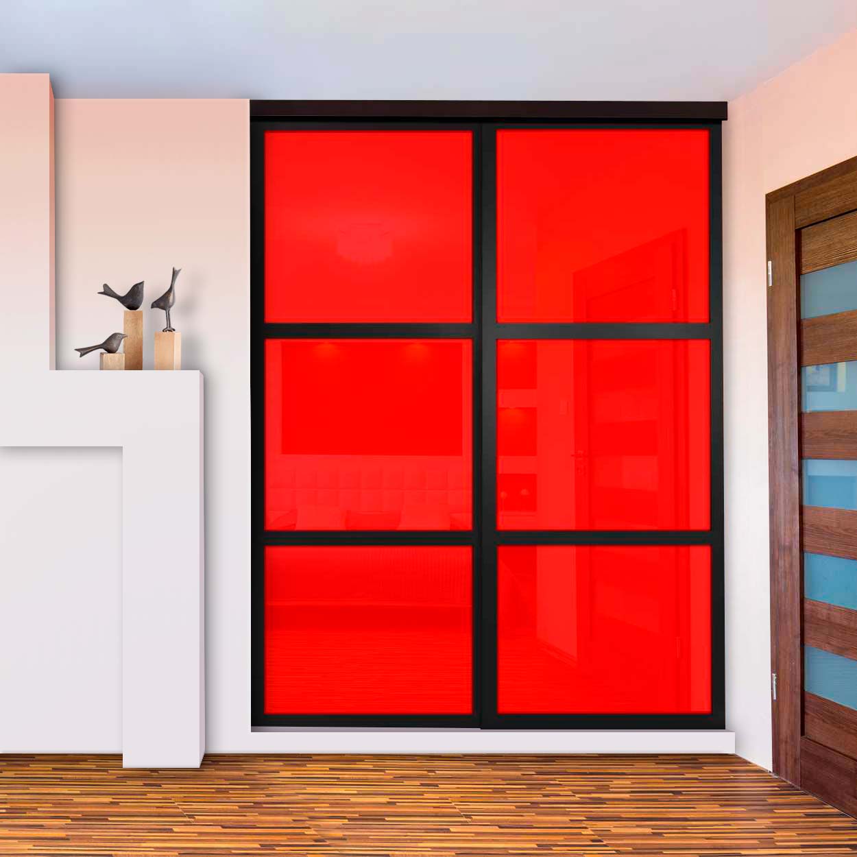 Puerta De Clóset De 2 Hojas - Vidrio Pintado Rojo y Espejo BMSC-1363