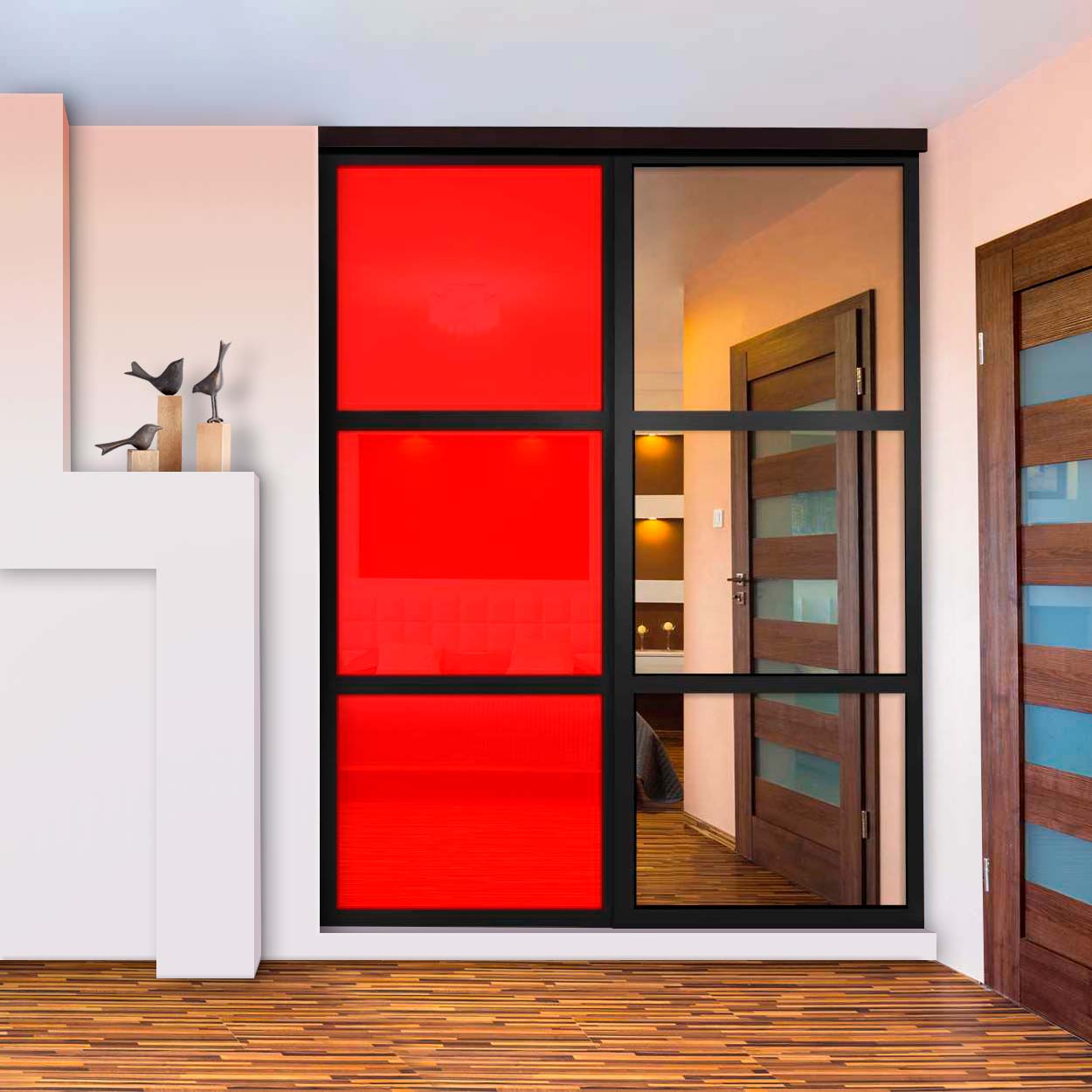 Puerta De Clóset De 2 Hojas - Vidrio Pintado Rojo y Espejo BMSC-1363