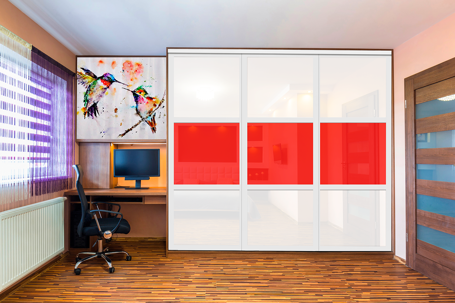 Puerta de clóset de 3 hojas - Vidrio pintado Rojo y Espejo