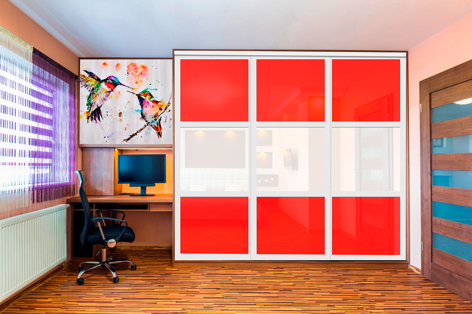 Puerta de clóset de 3 hojas - Vidrio pintado Rojo y Espejo