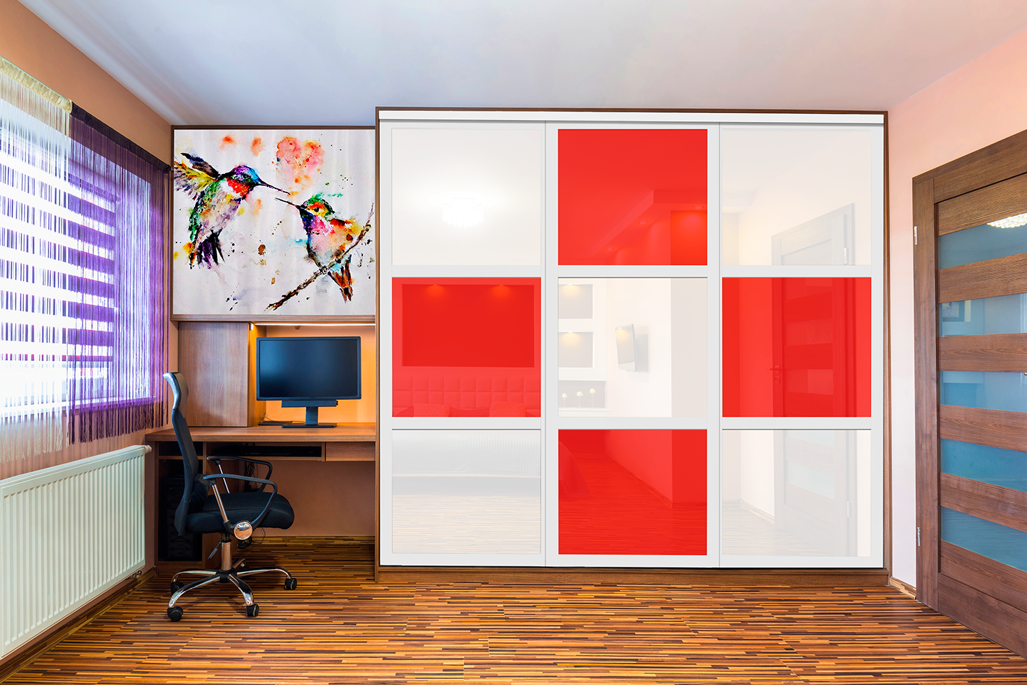 Puerta de clóset de 3 hojas - Vidrio pintado Rojo y Espejo