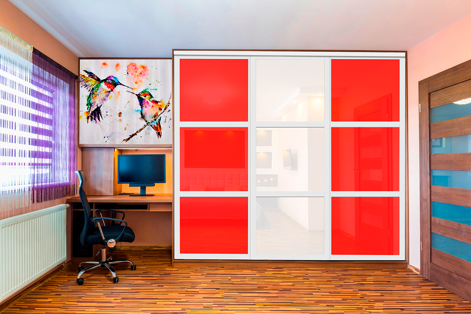 Puerta de clóset de 3 hojas - Vidrio pintado Rojo y Espejo