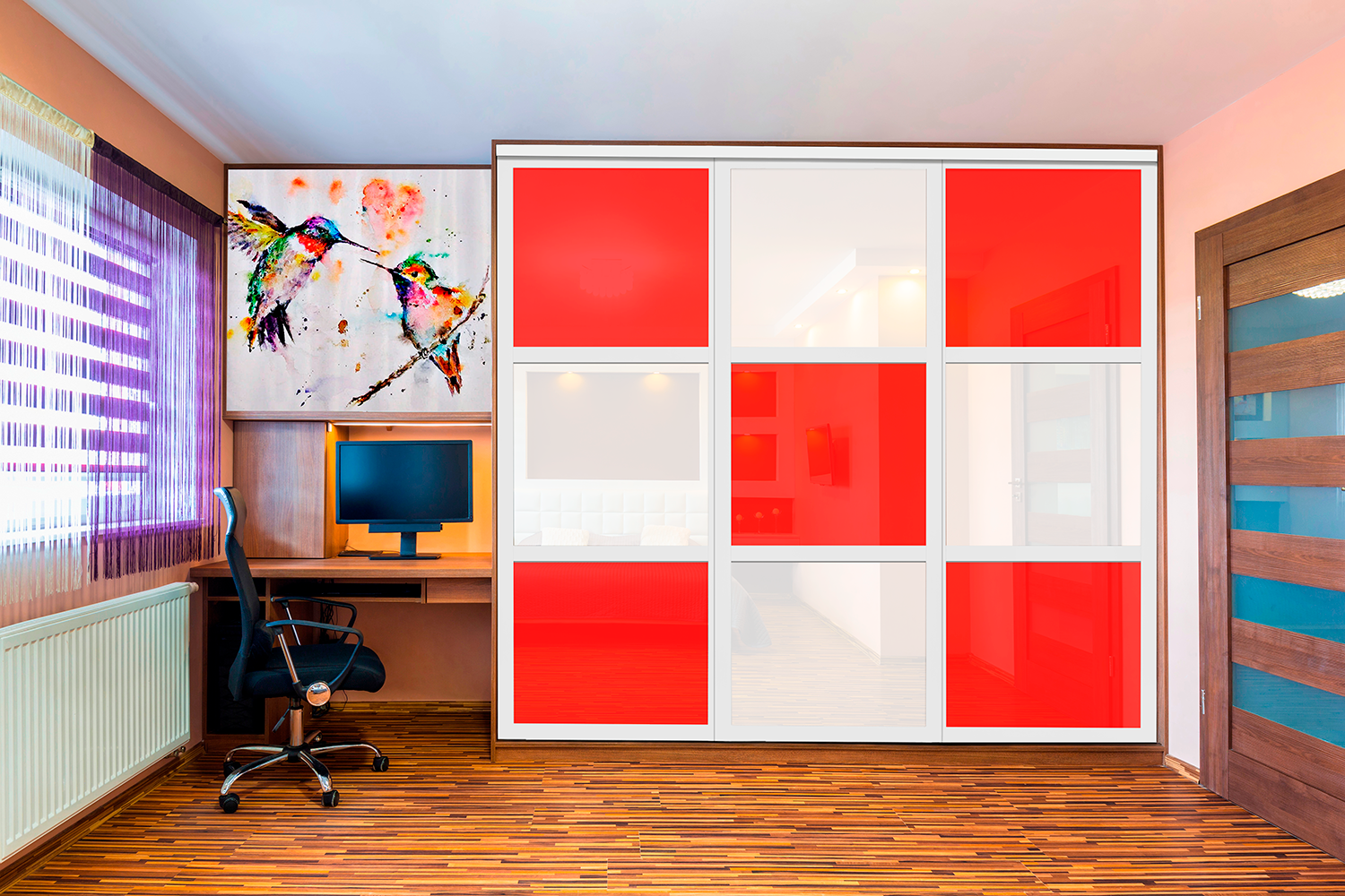 Puerta de clóset de 3 hojas - Vidrio pintado Rojo y Espejo