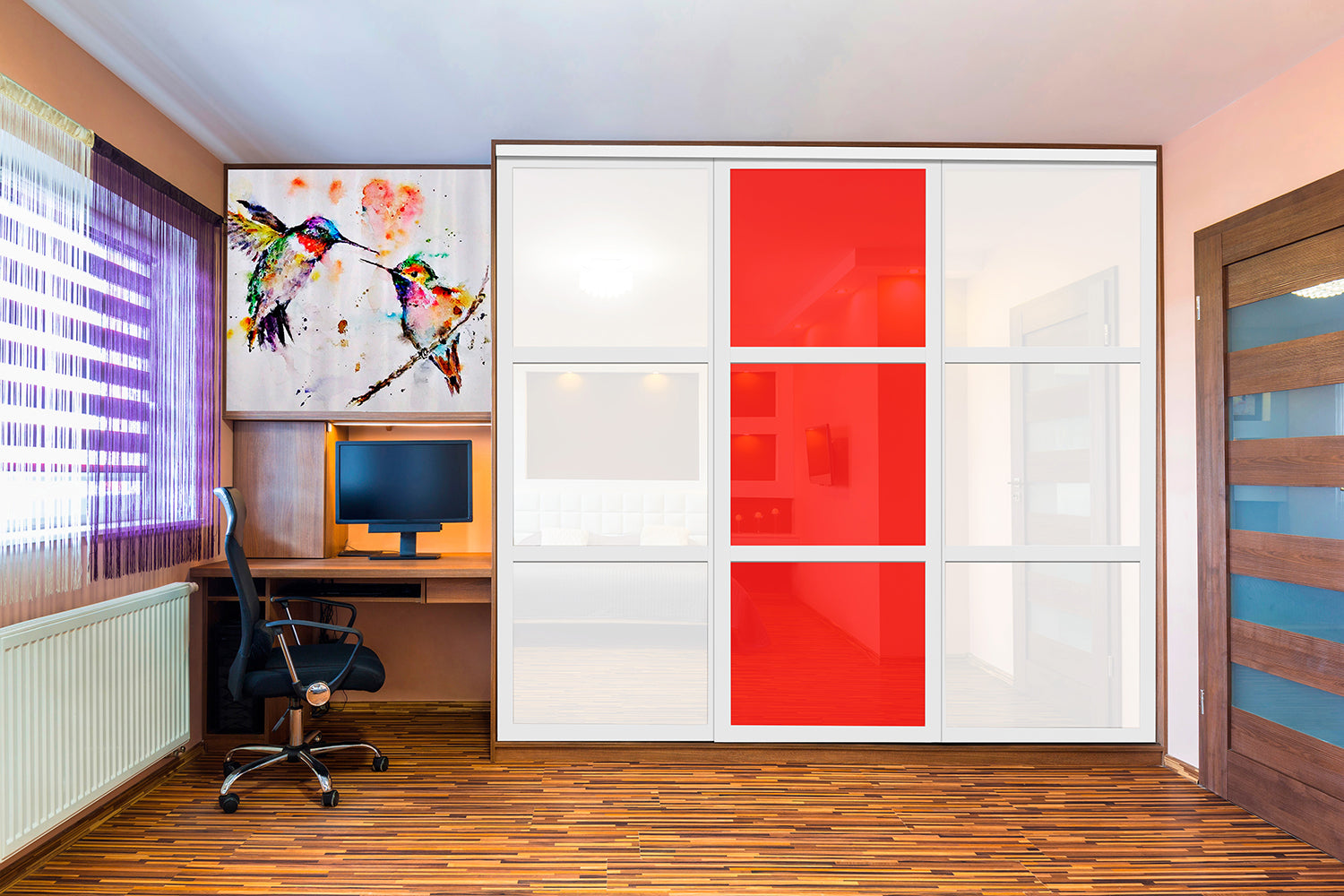 Puerta de clóset de 3 hojas - Vidrio pintado Rojo y Espejo