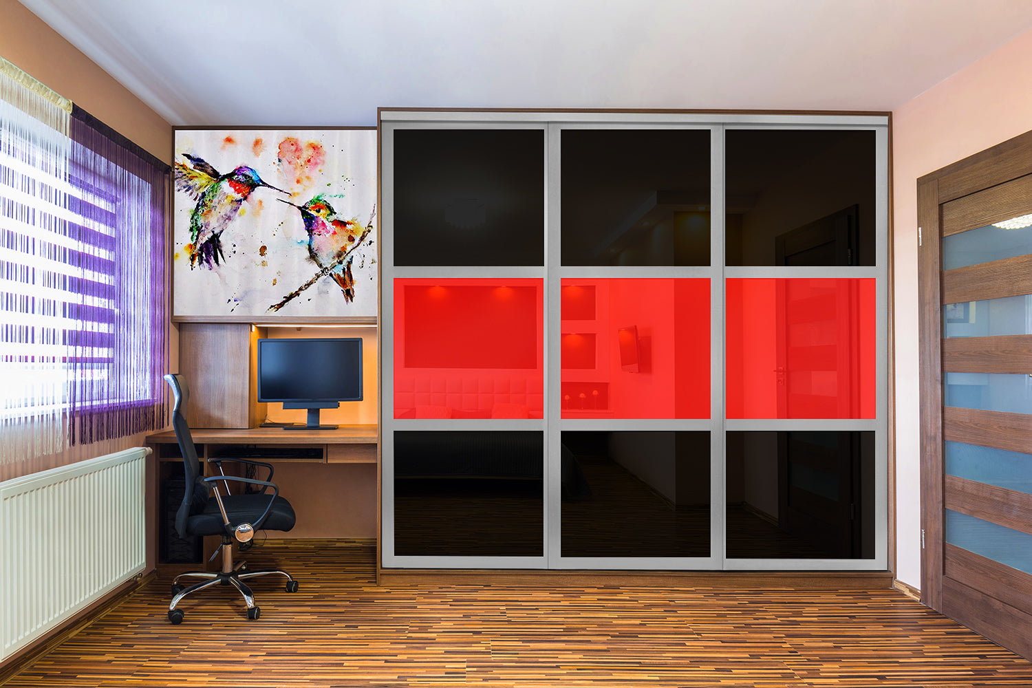 PUERTA DE CLÓSET DE 3 HOJAS - CRISTAL PINTADO ROJO Y NEGRO