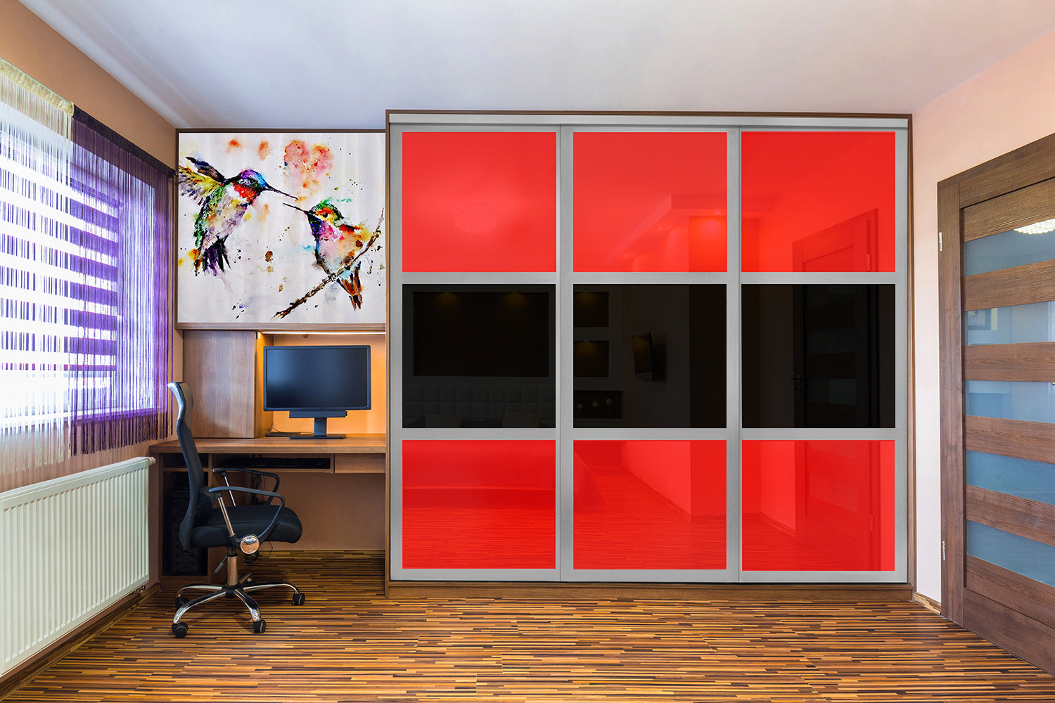 PUERTA DE CLÓSET DE 3 HOJAS - CRISTAL PINTADO ROJO Y NEGRO