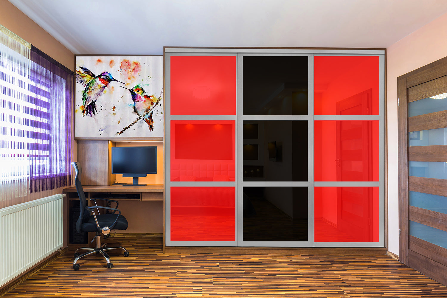 PUERTA DE CLÓSET DE 3 HOJAS - CRISTAL PINTADO ROJO Y NEGRO