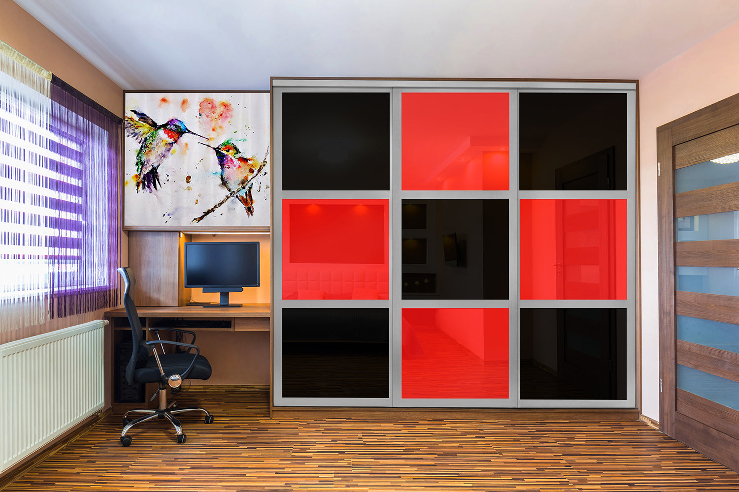 PUERTA DE CLÓSET DE 3 HOJAS - CRISTAL PINTADO ROJO Y NEGRO