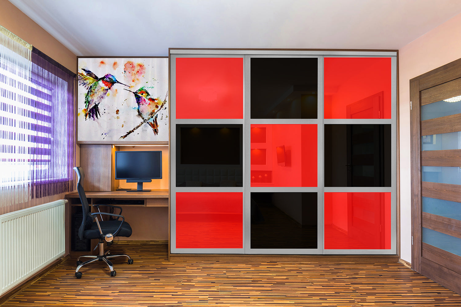 PUERTA DE CLÓSET DE 3 HOJAS - CRISTAL PINTADO ROJO Y NEGRO