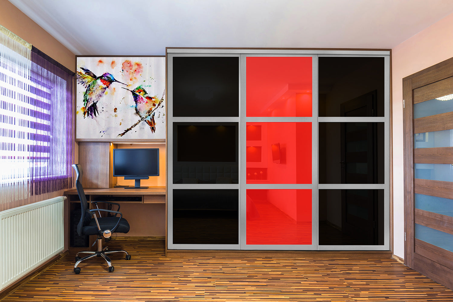 PUERTA DE CLÓSET DE 3 HOJAS - CRISTAL PINTADO ROJO Y NEGRO