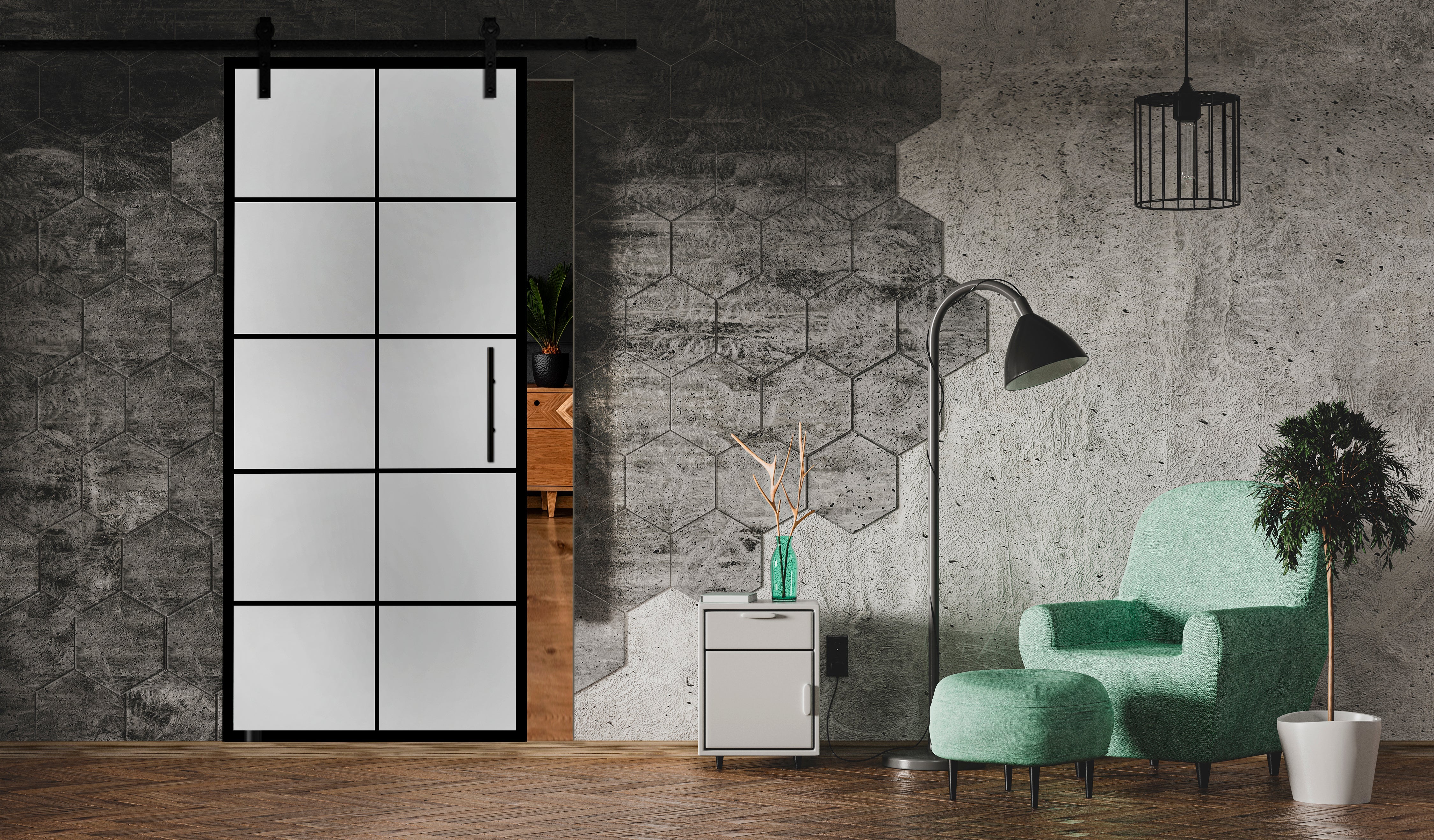 Puerta Corrediza De Vidrio Estilo Industrial Sin Marco ISB - 0000