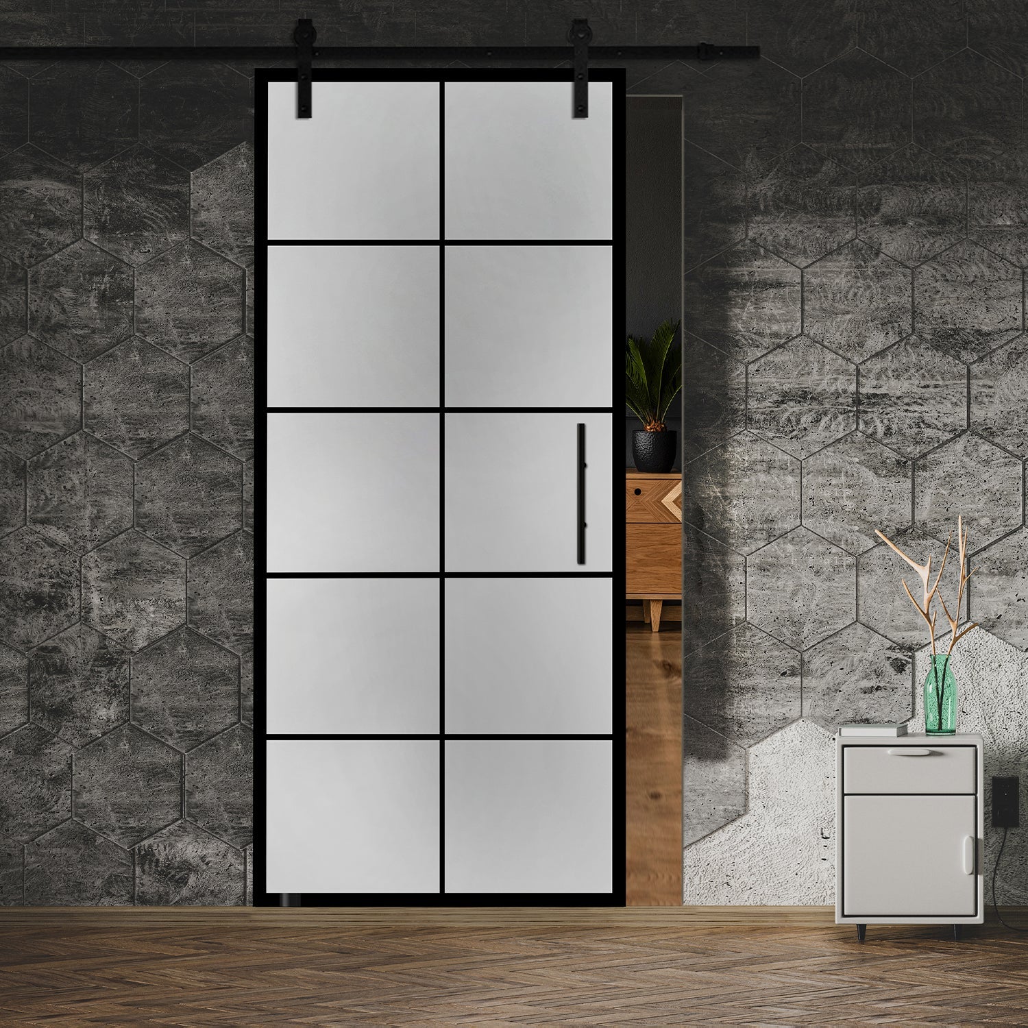 Puerta Corrediza De Vidrio Estilo Industrial Sin Marco ISB - 0000