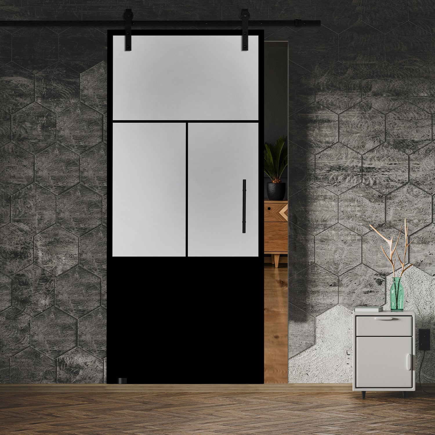 Puerta Corrediza De Vidrio Estilo Industrial Sin Marco ISB - 0003