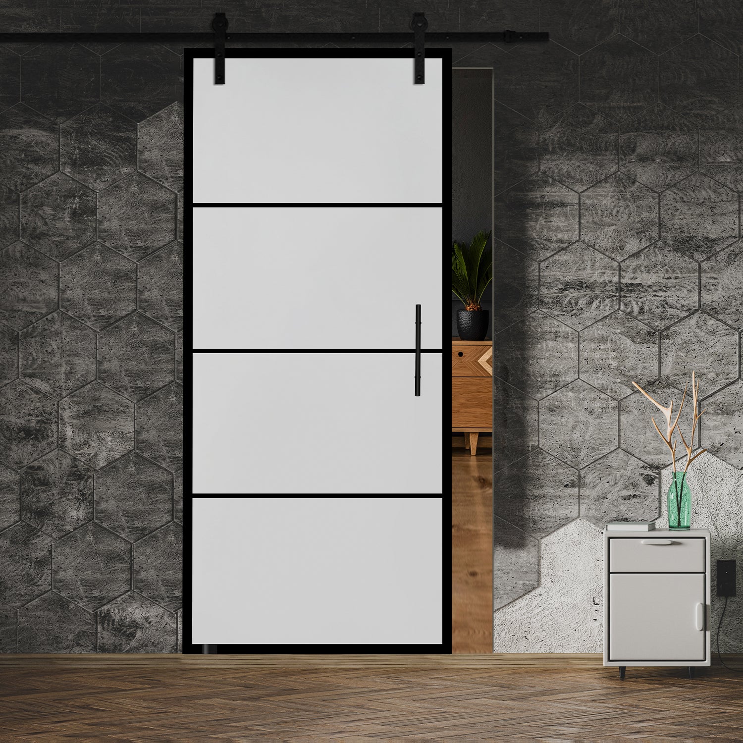 Puerta Corrediza De Vidrio Estilo Industrial Sin Marco ISB - 0002