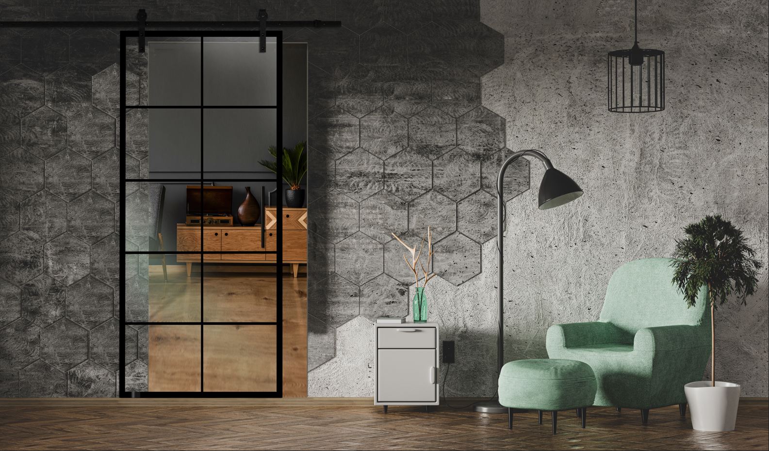 Puerta Corrediza De Vidrio Estilo Industrial Sin Marco ISB - 0000